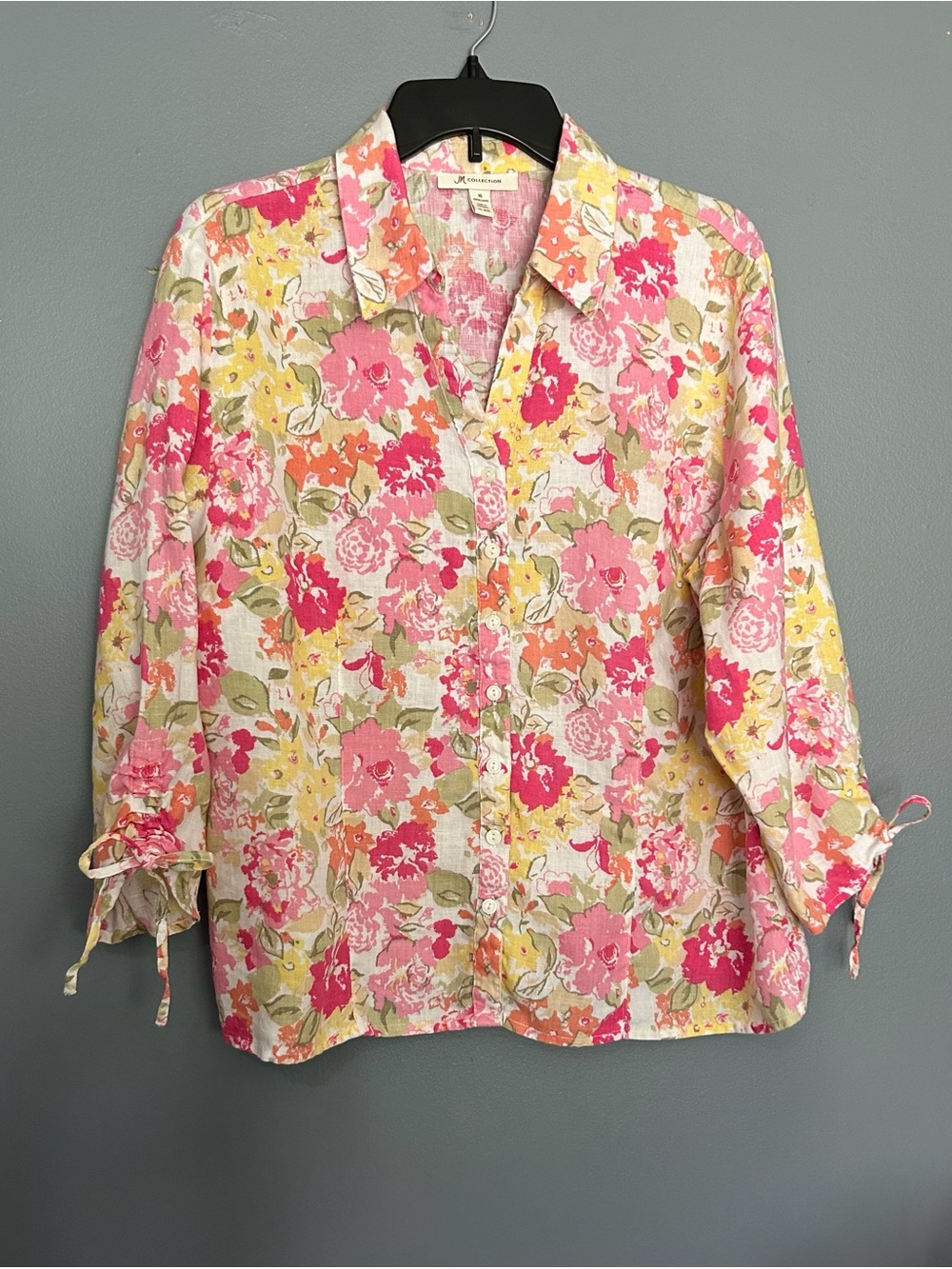 JM Collection Blouse Womens 16 Pink Floral 100% Linen 3/4 Sleeve Button Up Top
